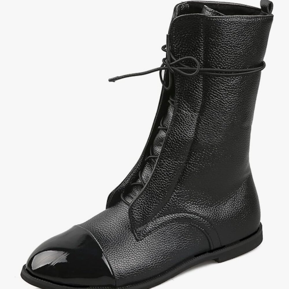 AMAZIDEAL Women's Faux Leather Lace-Up Military Flat Mid Calf Boots